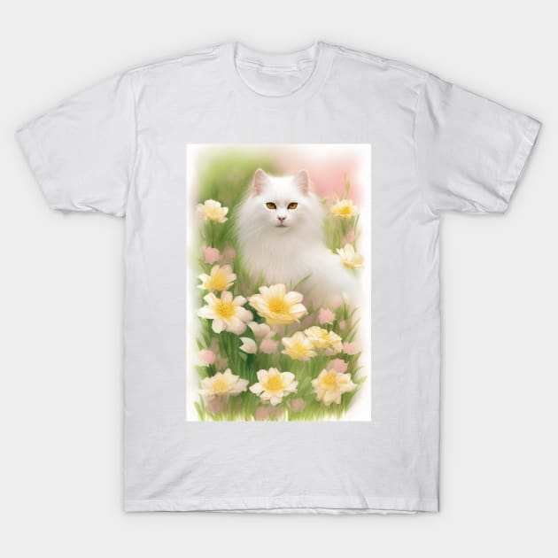 Longhaired White Cat in the Flower Garden Soft Pastel Colors T-Shirt by Stades